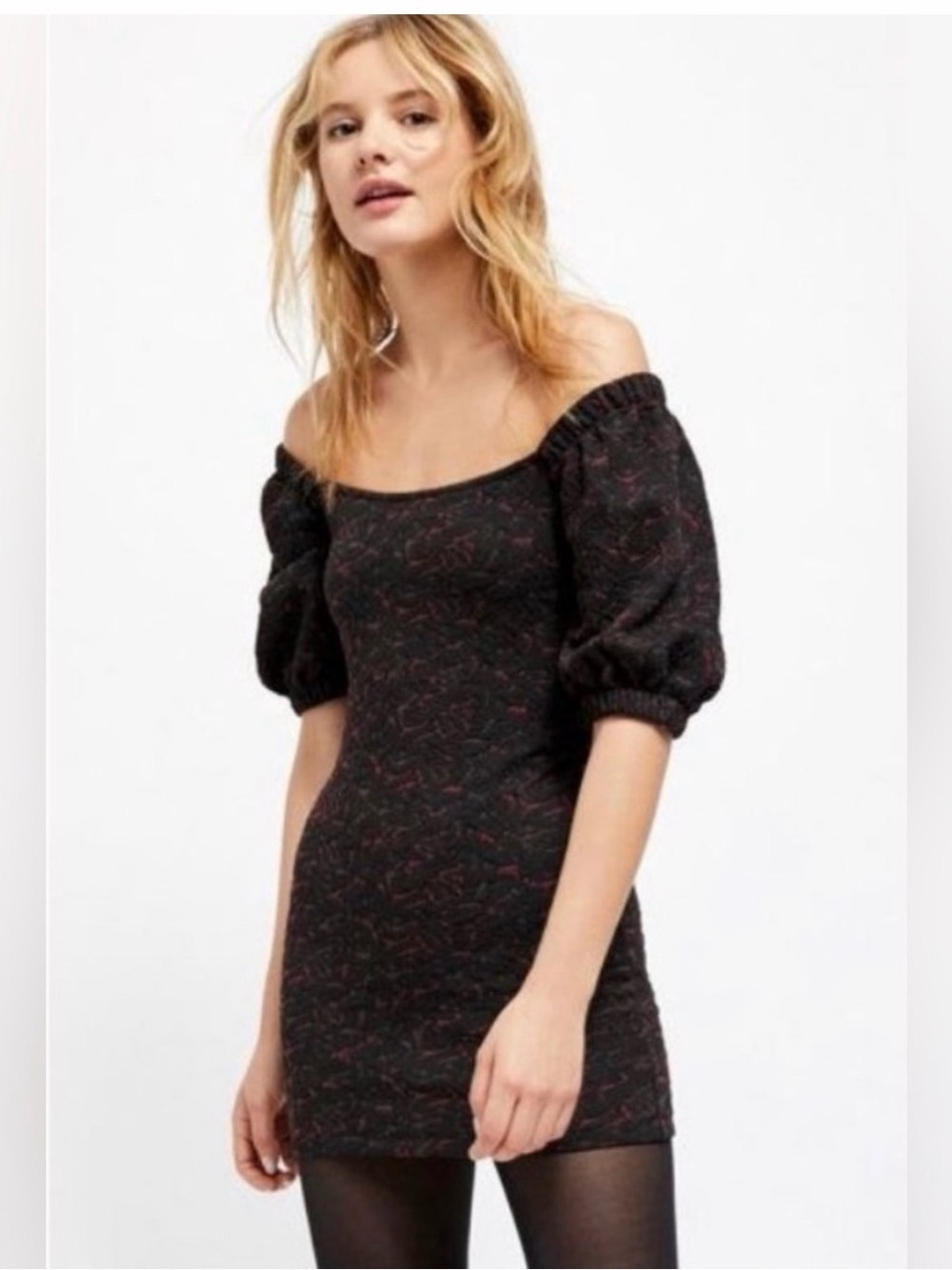 Free People Black Off-Shoulder Puff Sleeve Mini Dress with Subtle Red Accents